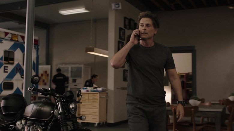 Triumph Motorcycle of Rob Lowe as Firefighter Captain Owen Strand in 9-1-1 Lone Star S04E03 Cry Wolf (2)