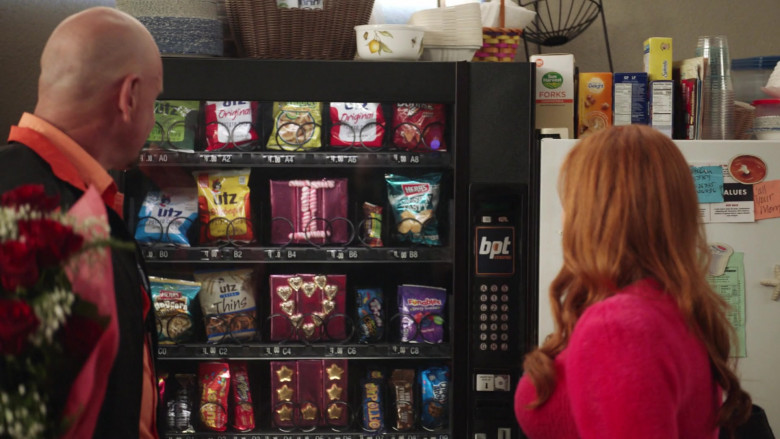 UTZ Snacks, Herr's Chips and Popcorn, UTZ Extra Thins, Trolli Gummy Candy, Funables, Hershey's Chocolate, Nabisco Chips Ahoy! Cookies, Sun Harvest Forks in Abbott Elementary S02E14 "Valentine's Day" (2023)