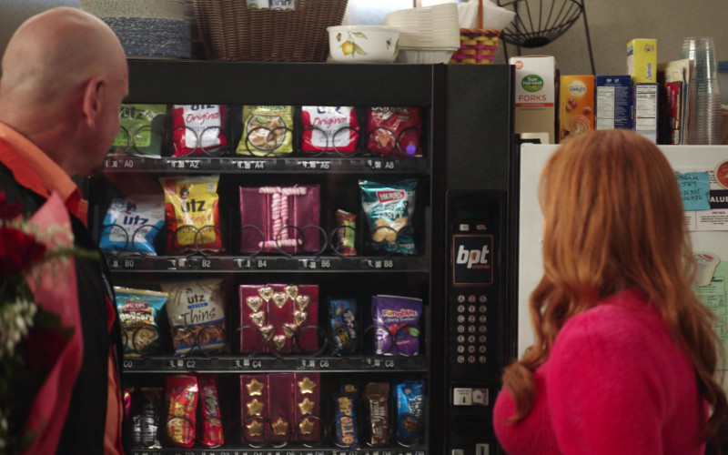 UTZ Snacks, Herr's Chips and Popcorn, UTZ Extra Thins, Trolli Gummy Candy, Funables, Hershey's Chocolate, Nabisco Chips Ahoy! Cookies, Sun Harvest Forks in Abbott Elementary S02E14 "Valentine's Day" (2023)