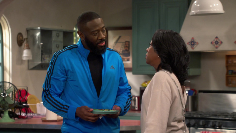 Adidas Blue Track Jacket Worn by Sheaun McKinney as Malcolm Butler in The Neighborhood S05E15 Welcome to the Next Big Thing (1)