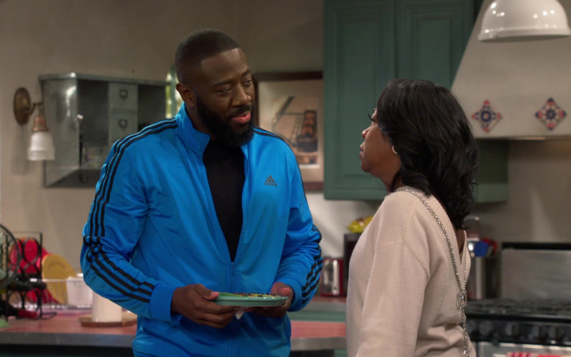 Adidas Blue Track Jacket Worn by Sheaun McKinney as Malcolm Butler in The Neighborhood S05E15 Welcome to the Next Big Thing (1)