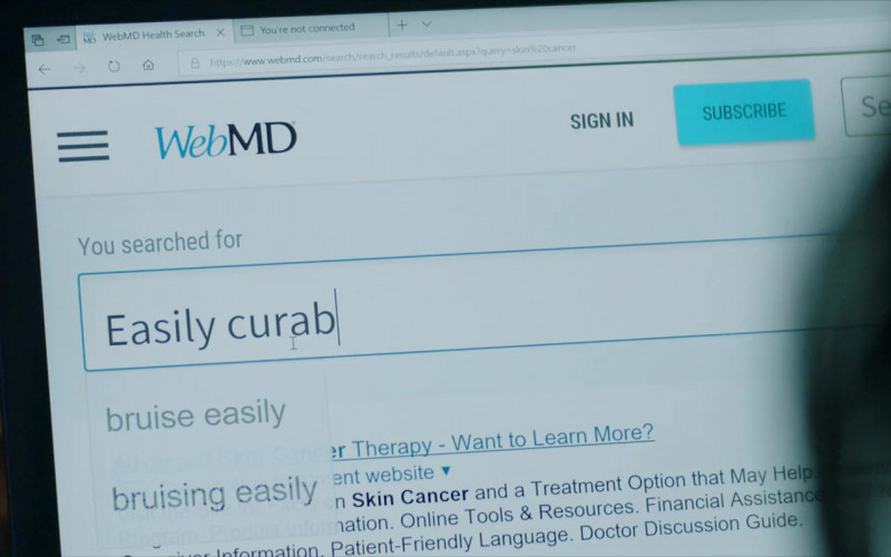 WebMD.com health information services website in Sick Girl (2023)