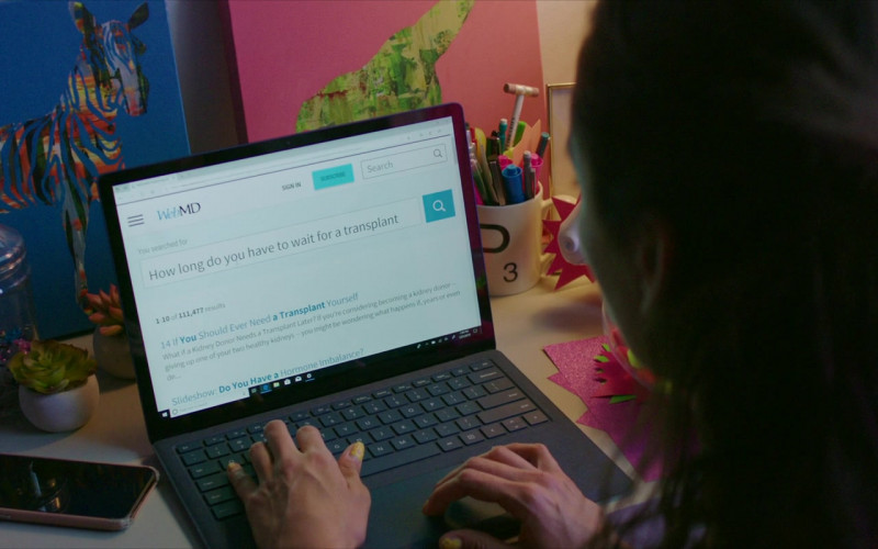 Microsoft Surface, Windows OS and WebMD Website in Sick Girl (2023)
