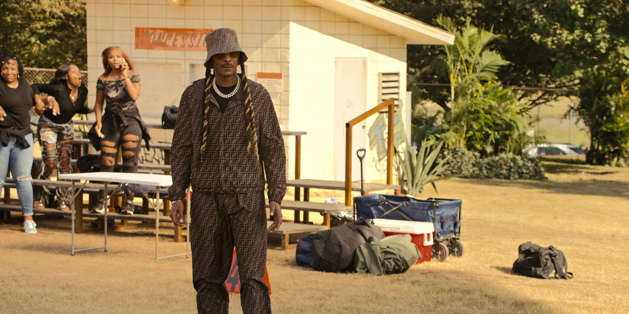 Fendi Tracksuit And Bucket Hat Worn By Snoop Dogg As Jaycen Jennings In   1789 ProductPlacementBlog.com The Underdoggs 2024 Movie Brand Tracking Timecode H00M29S48 2048x1024 